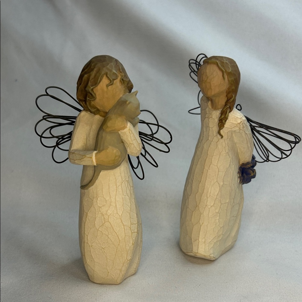 Willow Tree Angel Sculptures with Cat and Flowers 5"